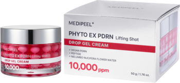 Medi-Peel Phyto EX PDRN Lifting Shot Drop Gel Cream, słoik z różowymi kroplami żelu i białe pudełko 10,000 ppm.