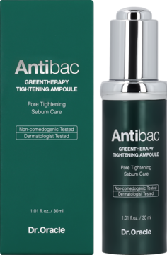 Dr. Oracle Antibac Greentherapy ampoule serum, zielona butelka i pudełko do zwężania porów, widok z przodu.