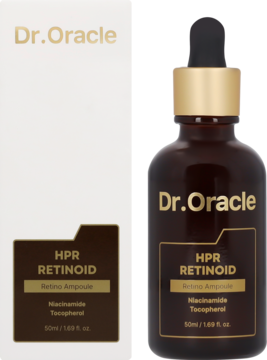 Dr. Oracle HPR Retinoid Retino Ampoule 50ml w ciemnej butelce z pipetą i białym kartoniku, widok z przodu.