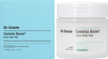 Dr. Oracle Centella Biome Cica Pore Pad: błękitne pudełko i biały słoik łagodzących, nawilżających płatków.