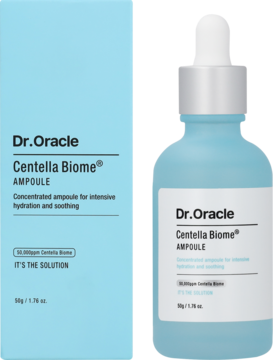 Dr. Oracle Centella Biome® Ampoule, nawilżająca ampułka w niebieskiej butelce z dropperem i kartoniku, widok z przodu.