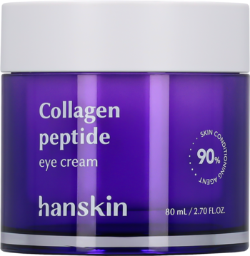 Fioletowy słoiczek Hanskin Collagen Peptide eye cream 80ml z białą nakrętką, widok z przodu.