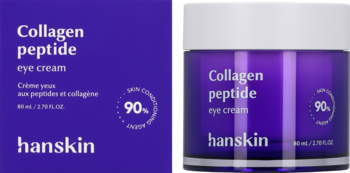 Hanskin Collagen Peptide Eye Cream: fioletowy słoiczek i pudełko z napisem 90% skin collagen peptide, widok z przodu.