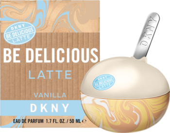 DKNY Be Delicious Latte Vanilla perfumy. Kremowa butelka z waniliowym wzorem obok brązowego pudełka.