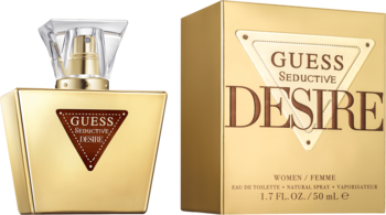 Złota butelka perfum Guess Seductive Desire EDT dla kobiet 50ml z brązową etykietą i pudełko. Widok z przodu.