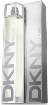 DKNY WOMEN EDP 100ML, przezroczysta butelka i białe pudełko, z pionowym, srebrnym logo DKNY.