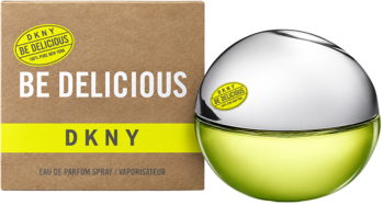 DKNY BE DELICIOUS EDP 30ML, zielony perfum w jabłkowym flakonie z metalową zakrętką, obok brązowe pudełko.