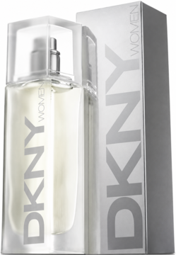 DKNY WOMEN EDP 30ML: prostokątny flakon perfum z przezroczystego szkła z srebrnym napisem obok srebrnego pudełka.