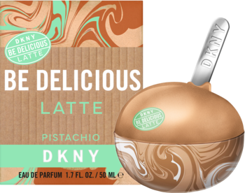 DKNY Be Delicious Latte Pistachio 50ml, złota butelka i brązowe pudełko z miętowym wzorem, widok z przodu.