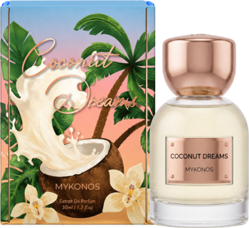 Perfumy damskie Mykonos Coconut Dreams, butelka z różowo-złotą zakrętką i pudełko z grafiką kokosów i palm.