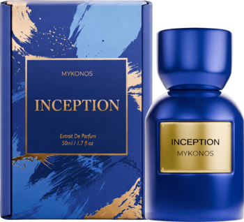 Drzewno-aromatyczne perfumy męskie Mykonos Inception. Ciemnoniebieska butelka i pudełko z złotą etykietą.