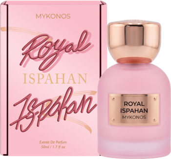 Mykonos Royal Ispahan, różowe perfumy o zapachu róży i maliny, w matowej butelce z różowozłotym korkiem i pudełkiem.