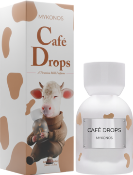 Mykonos Cafe Drops perfum: biała butelka z etykietą i kartonowe opakowanie w brązowe łaty z wizerunkiem krowy.