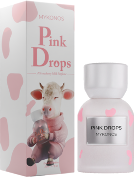 Perfumy Mykonos Pink Drops, jasnoróżowa butelka i pudełko z motywem krowich łat, zapach truskawkowego shake'a.