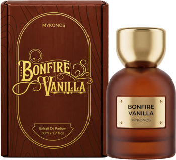 Ekstrakt perfum Mykonos Bonfire Vanilla w brązowej butelce i pudełku z wzorem drewna, widok z przodu.