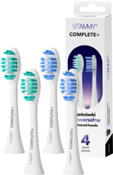 4 białe końcówki Vitammy COMPLETE+ z niebiesko-zielonym włosiem, widoczne obok opakowania produktu.