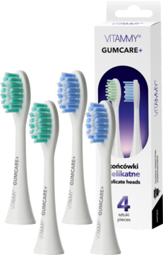 Vitammy GUMCARE+ końcówki do szczoteczek do wrażliwych dziąseł, 4 sztuki, niebiesko-zielone, obok opakowania.