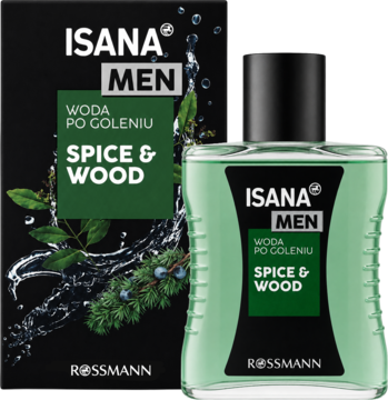 Isana Men Woda po goleniu Spice & Wood. Zielony płyn w butelce z czarnym korkiem obok ciemnego opakowania, widok z przodu.
