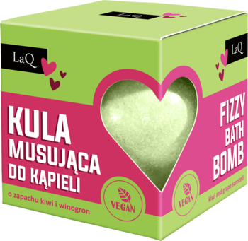 Zielono-różowe pudełko z kulą musującą LaQ Kiwi & Winogrona, widok z przodu, z połyskującą bombą w kształcie serca.