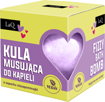 Musująca kula do kąpieli Niezapominajka LaQ, żółto-fioletowe pudełko z sercem, widok z przodu, wegański.
