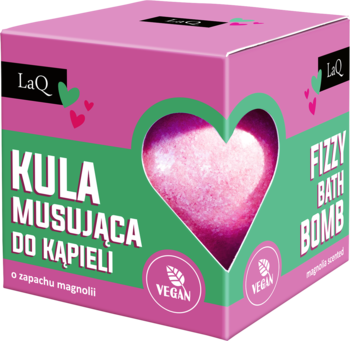 Różowo-zielone pudełko LaQ, kula musująca Magnolia i Różowy Pieprz, serce z różową kulą, przód opakowania.