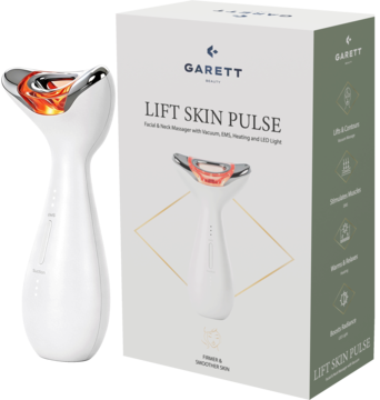 Biały masażer Garett Beauty Lift Skin Pulse z V-kształtną głowicą LED i Vacuum Lift, obok opakowania produktu.