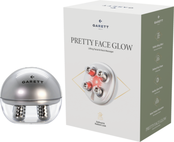 Srebrny masażer Garett Beauty Pretty Face Glow EMS LED obok swojego białego pudełka, widok z przodu.