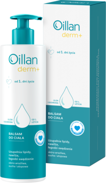 Oillan derm+ balsam do ciała od 1. dnia życia, biała butelka z pompką i pudełko obok.