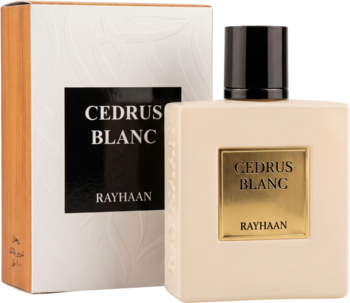 Rayhaan Cedrus Blanc woda perfumowana w kremowej butelce z czarnym korkiem i białym pudełkiem z boku.