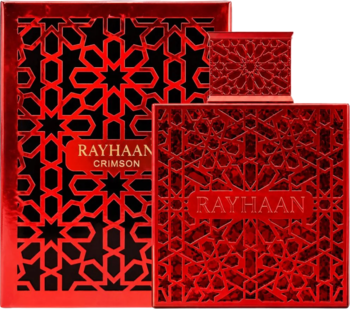Rayhaan Crimson, orientalna woda perfumowana. Karmazynowa butelka i pudełko z misternym czarnym wzorem geometrycznym.