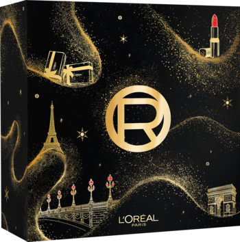 Czarny kalendarz adwentowy L'Oréal Paris z kosmetykami, zdobiony złotym brokatem z motywami Paryża i produktów.