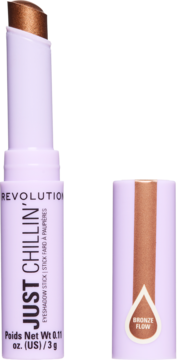 Revolution Just Chillin' Cooling Shadow Stick, Bronze Flow, uncapped, fioletowa tubka z brązowym cieniem.
