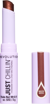 Revolution Just Chillin' Molten Mocha eyeshadow stick, metallic brown tip, lavender casing, cap removed.