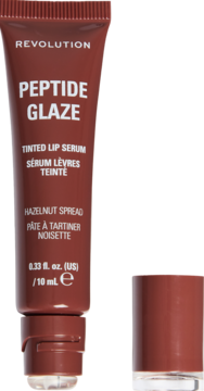 Revolution Peptide Glaze Tinted Lip Serum w odcieniu Hazelnut Spread, brązowa tubka, otwarta nakrętka obok.
