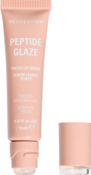 Jasnoróżowe serum do ust Revolution Peptide Glaze Toasted Marshmallow w tubce, z odkręconą zakrętką i rollerem.