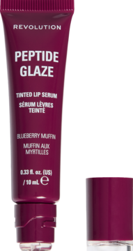 Revolution Peptide Glaze Tinted Lip Serum Blueberry Muffin w ciemnofioletowej tubce, korek obok, z przodu.