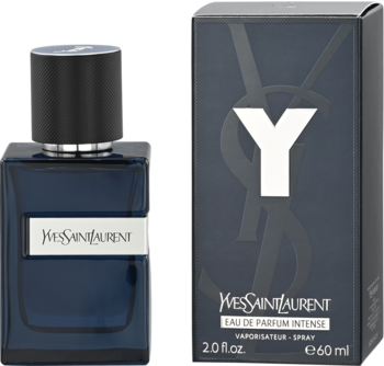 Woda perfumowana YSL Y Intense, niebieski flakon obok pudełka z białym logo 'Y', widok z przodu.