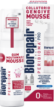 Biorepair PERIBIOMA PRO Gum Mouthwash Mousse, biała pianka do dziąseł, butelka i kartonik, czerwone detale, widok z przodu.