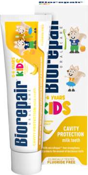 Biorepair Kids 0-6 lat pasta bananowa bez fluoru, biała tuba i pudełko z żółtymi detalami, przodem i z boku.