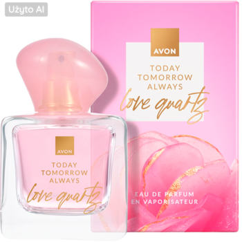 Avon Today Tomorrow Always Love Quartz EDP: różowa butelka z różowym korkiem obok pudełka o kwiatowym wzorze.
