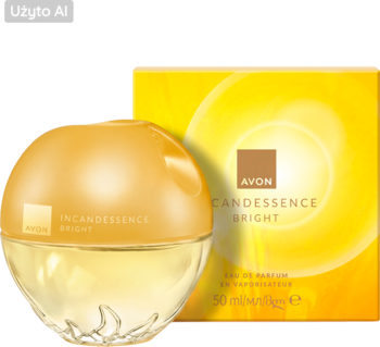 Avon Incandessence Bright EDP, 50 ml. Szklany flakon ze złotą kopułą i pudełko z promieniami słońca na czarnym tle.