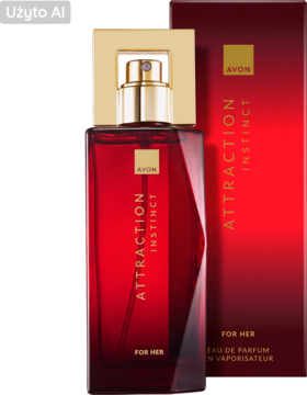 Avon Attraction Instinct Eau de Parfum For Her, czerwona butelka ze złotą nakrętką, widok z przodu z pudełkiem.