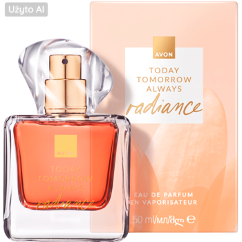Avon TTA Radiance woda perfumowana, pomarańczowa butelka z złotymi detalami, pudełko w tle, widok z przodu.