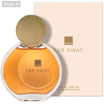 Avon Far Away woda perfumowana, okrągła butelka z bursztynowym płynem i złotą zakrętką, obok beżowego pudełka.