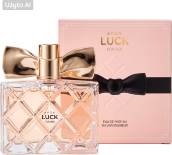 Woda perfumowana Avon Luck dla Niej, butelka z jasnoróżowym płynem, złotą kokardą, i różowe pudełko, widok z przodu.
