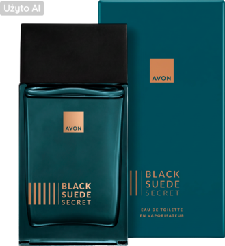 Woda toaletowa Black Suede Secret Avon. Ciemnoturkusowa butelka z czarną nakrętką i pudełko ze złotym logo, przód.