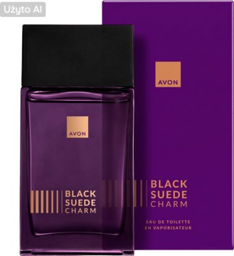 Avon Black Suede Charm męska woda toaletowa, fioletowa butelka z czarnym korkiem obok pudełka. Widok z przodu.
