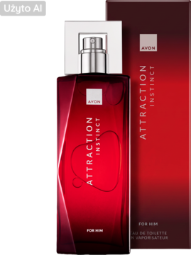 Avon Attraction Instinct dla Niego, drzewno-pikantna woda toaletowa w bordowej butelce i pudełku, z przodu.