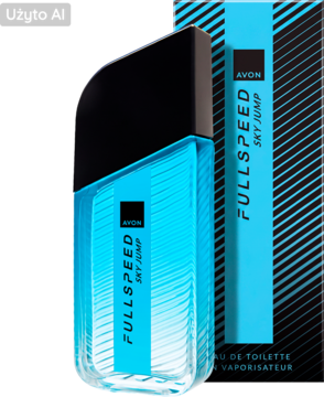 Avon Full Speed Sky Jump Eau de Toilette w niebieskiej butelce z czarną nakrętką. Obok pudełko. Drzewno-cytrusowy zapach.