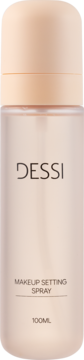 Dessi Makeup Setting Spray 100ml w bladoróżowej butelce z beżowym dozownikiem, widok z przodu.